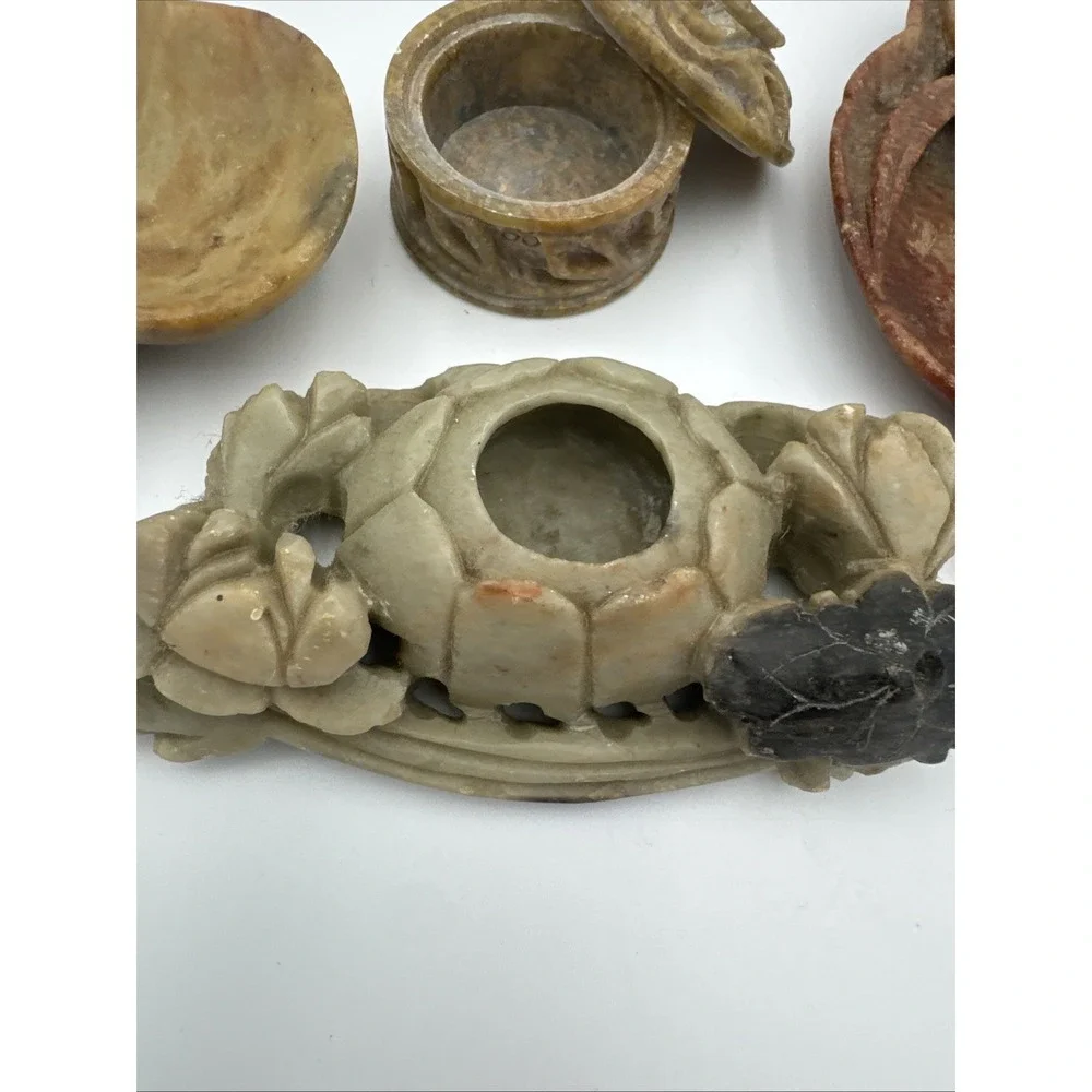 Lot of Four (4) Small Vintage Soapstone Motifs - Trinket Box Ashtray Inkwell